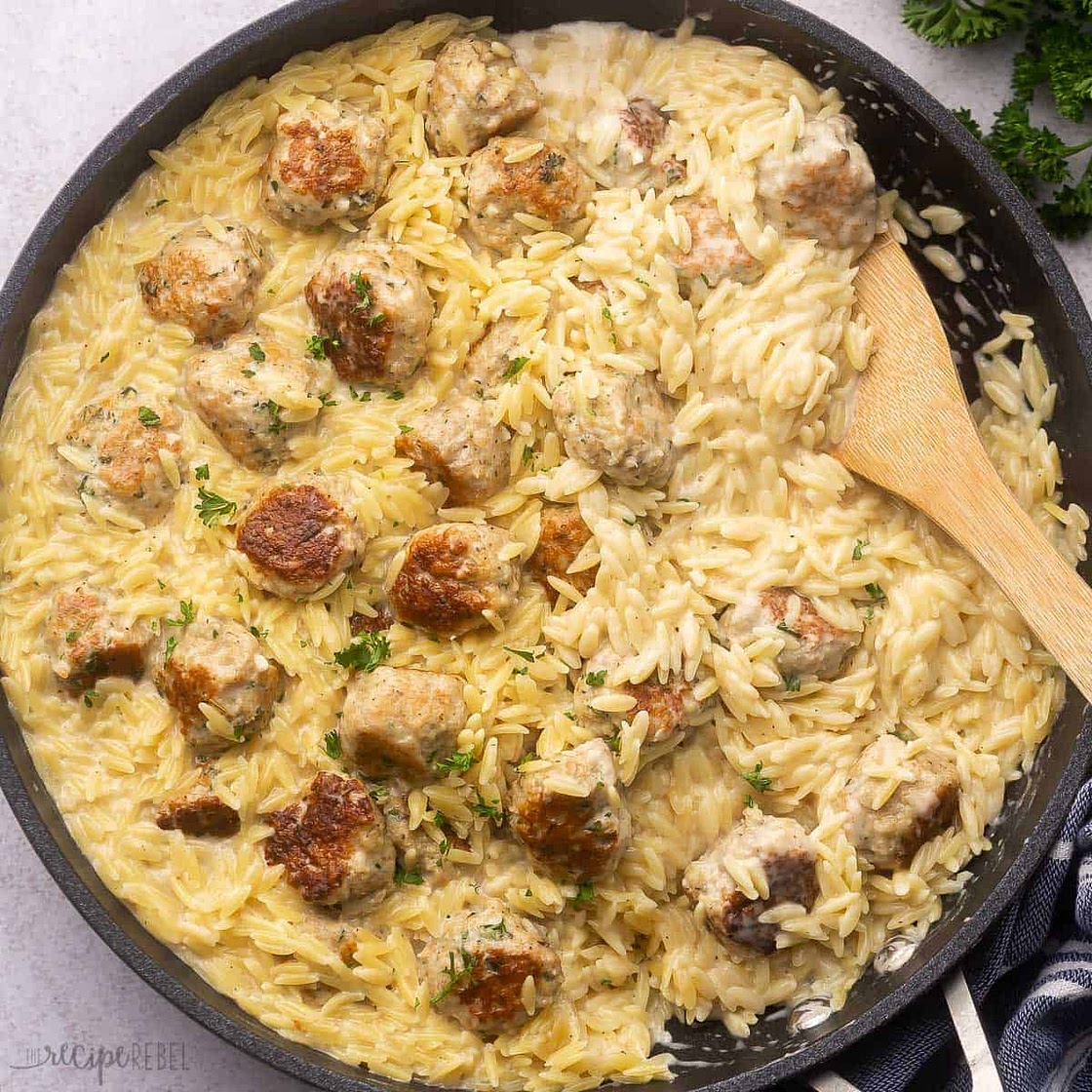 One Pan Chicken Meatballs with Orzo
