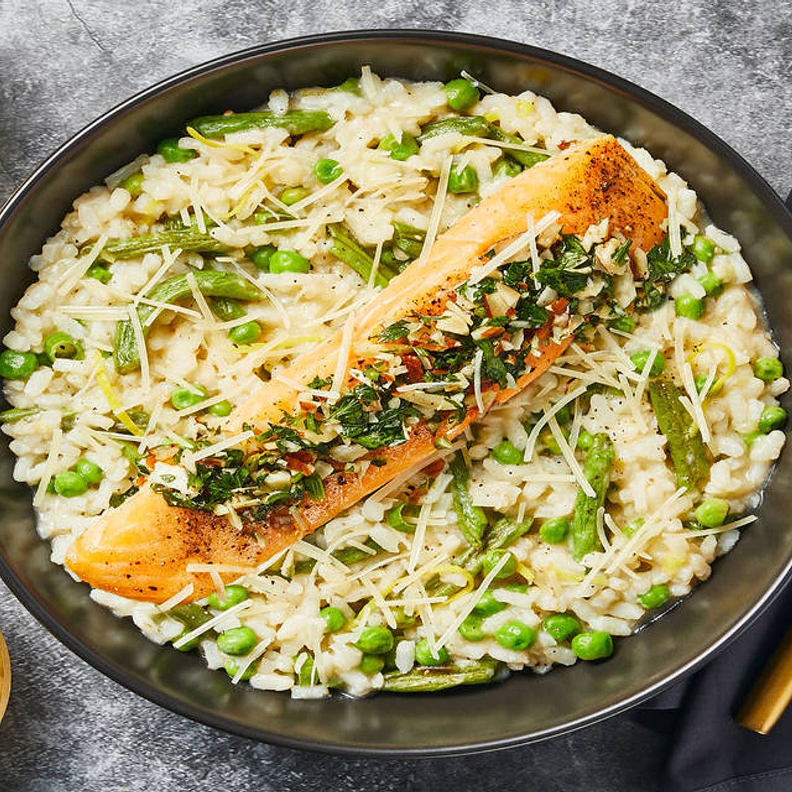 Salmon over Risotto Primavera with Green Beans, Almond Gremolata & Lemon