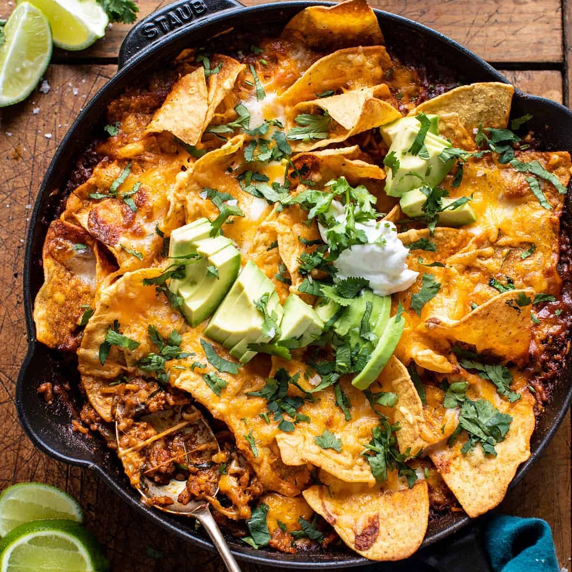 One Skillet Saucy Chicken Tortilla Enchilada Rice Bake