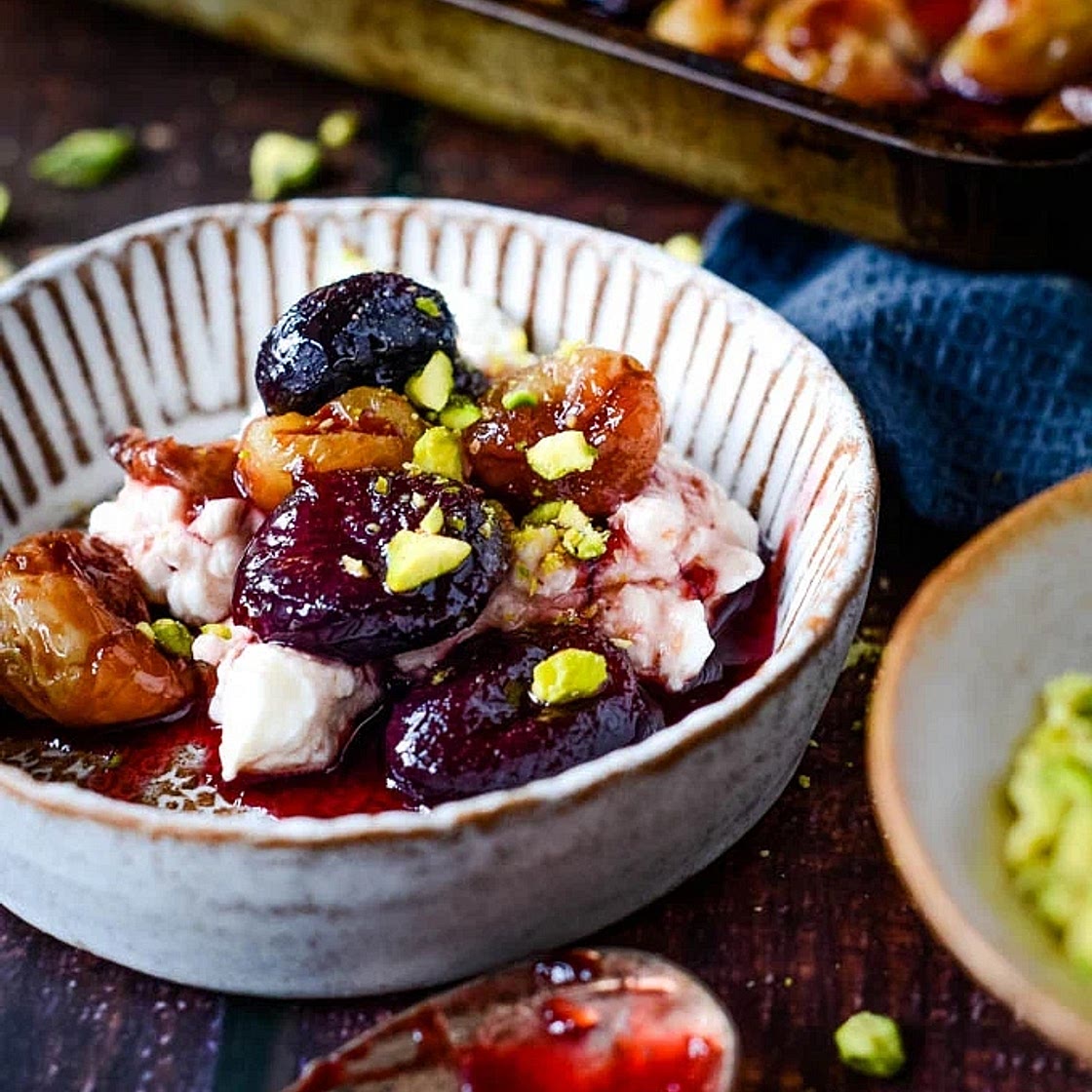 Labneh (Sweet and Savory) topped with baked grapes and pistachios