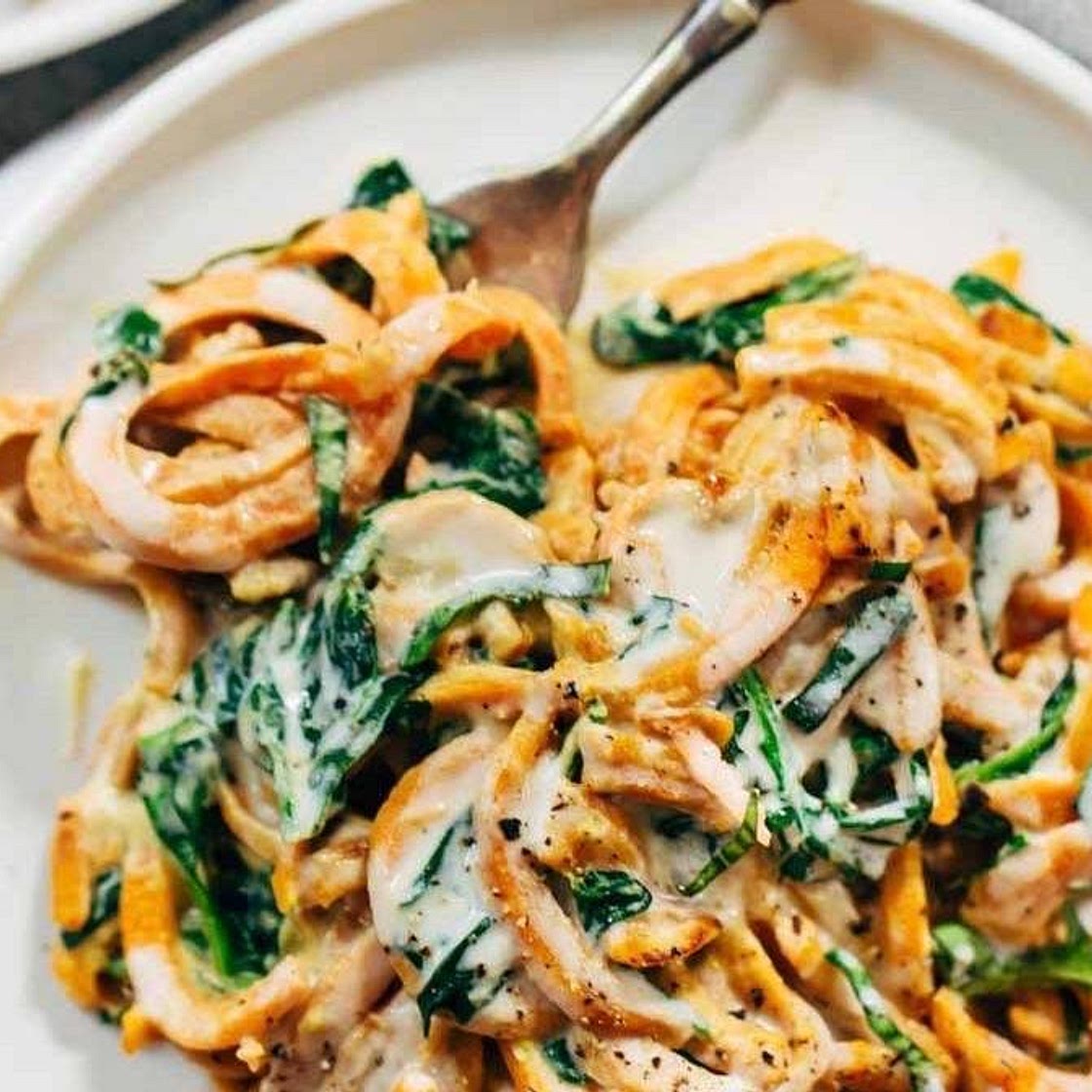 Creamy Spinach Sweet Potato Noodles with Cashew Sauce