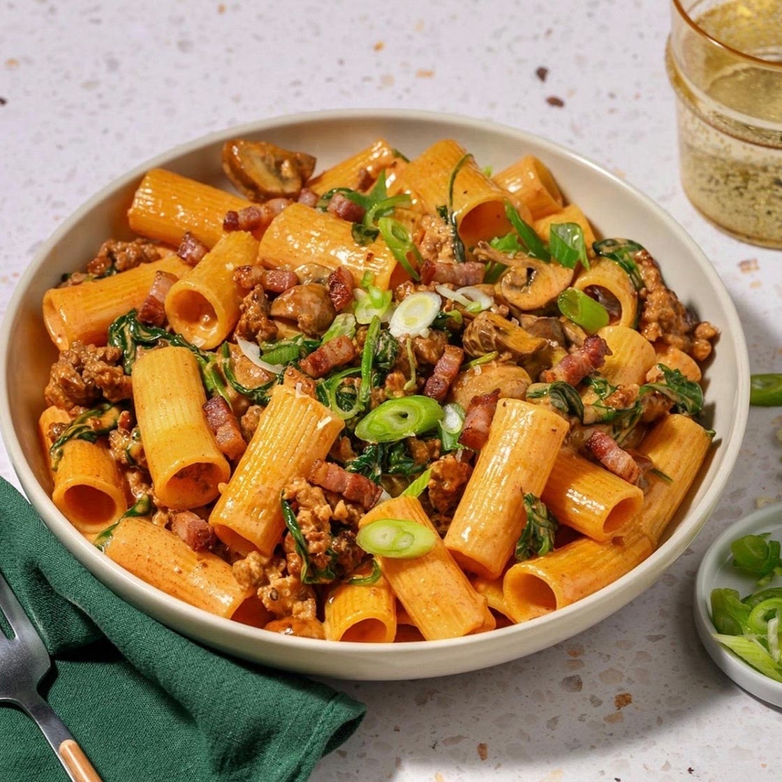 Quick Gochujang Bacon, Beef and Mushroom Rigatoni