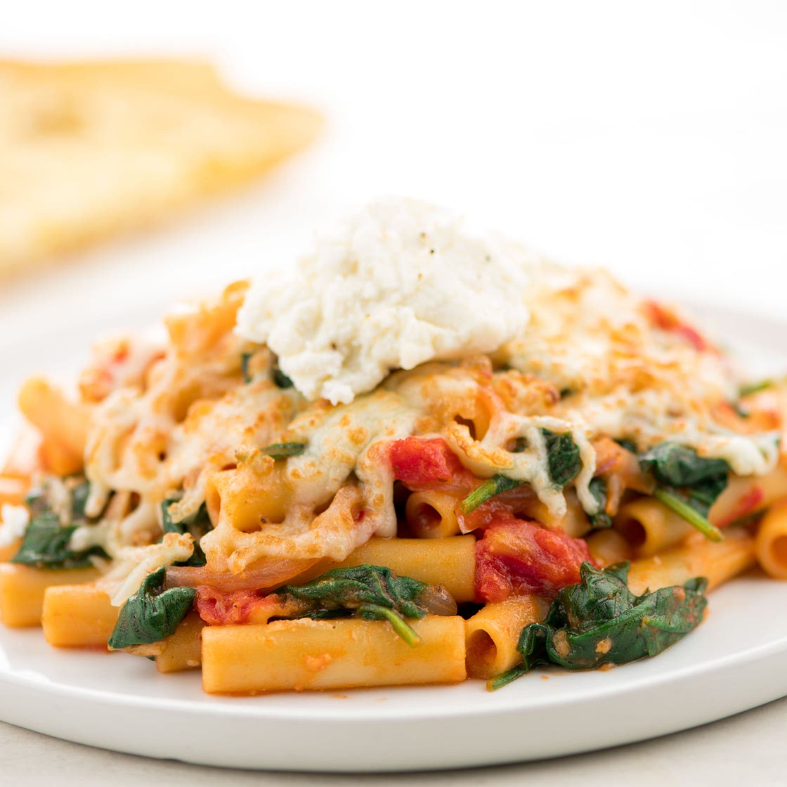 Four Cheese Baked Ziti with garlic ciabatta