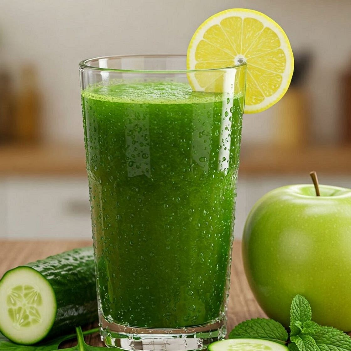 Jugo verde con manzana, pepino, espinaca, nopales y jugo de limón