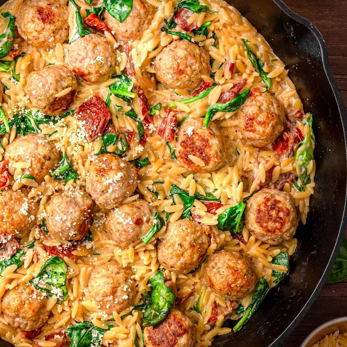 Creamy meatball orzo bake 