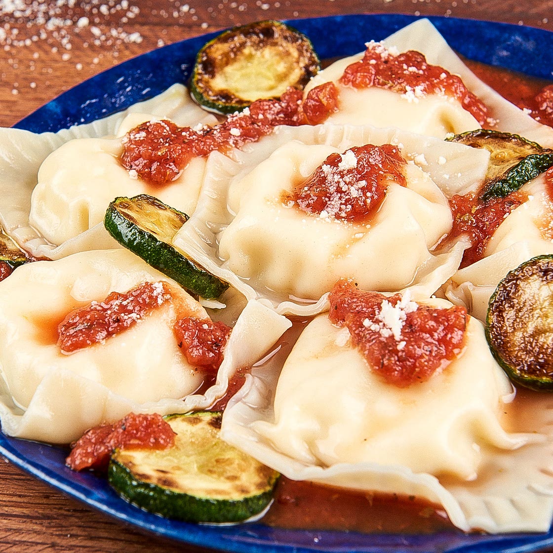Three Cheese Ravioli with Tomato Sauce With Zucchini and Parmesan