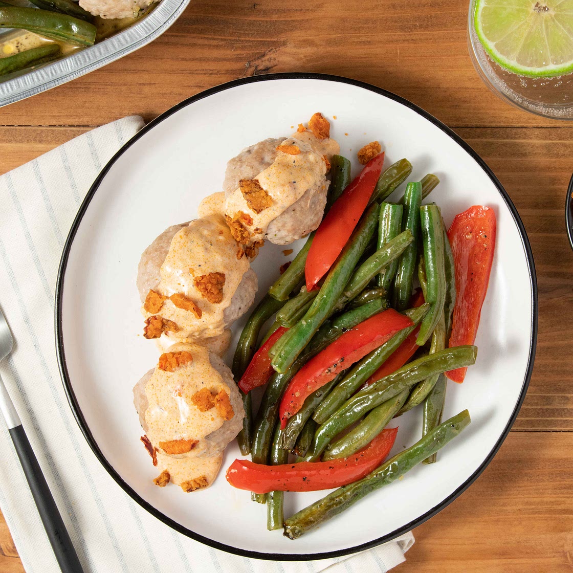 Red Pepper Parmesan Turkey Meatballs with garlic butter green beans