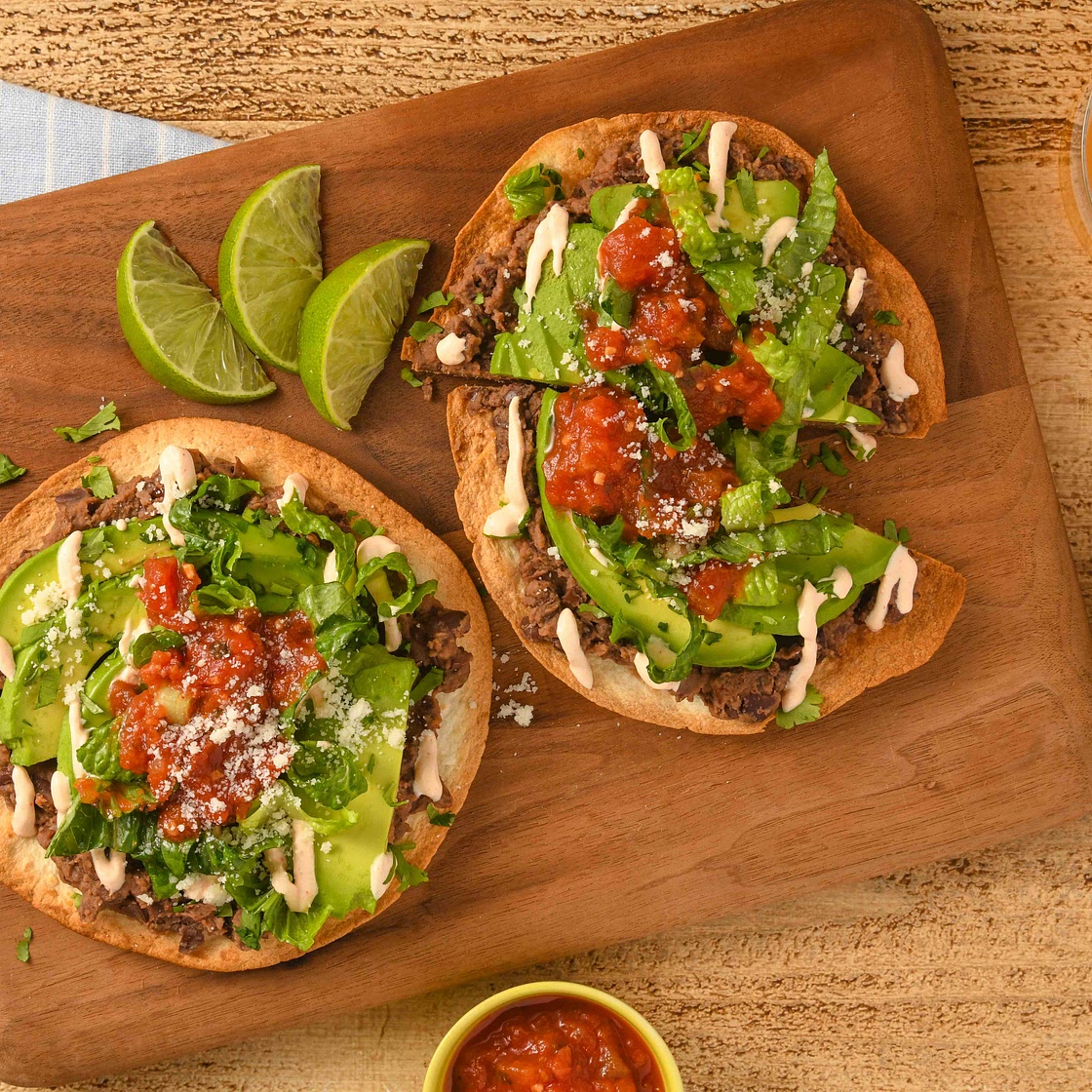 Avocado and Black Bean Tostadas with fire roasted salsa