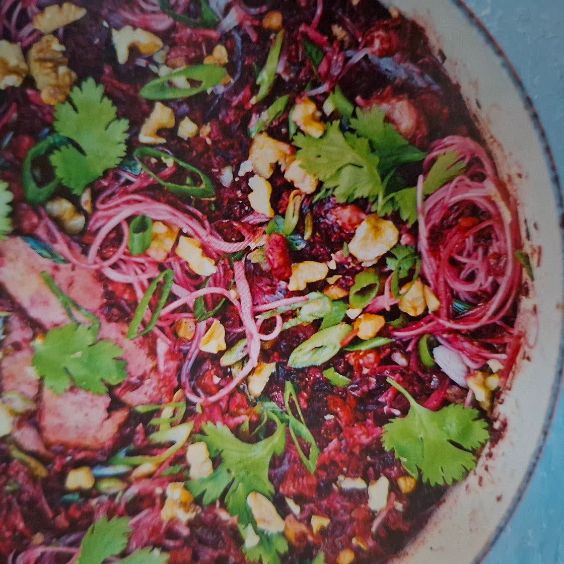 Clay Pot Noodles with beetroot and smoked tofu