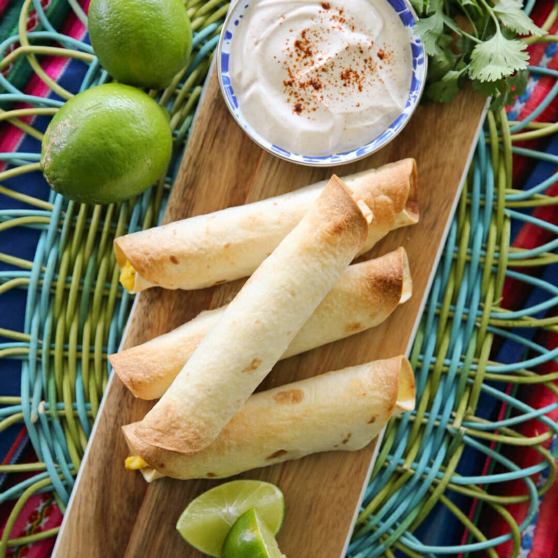 Crispy Baked Breakfast Taquitos with Lime-Chipotle Dip