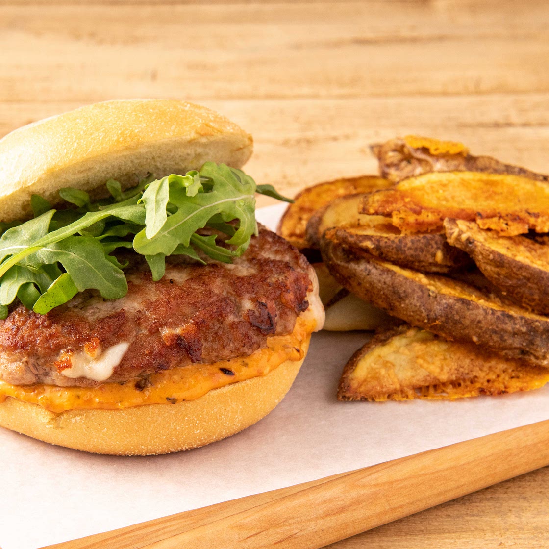 Mozzarella Stuffed Turkey Burger with Parmesan potato wedges