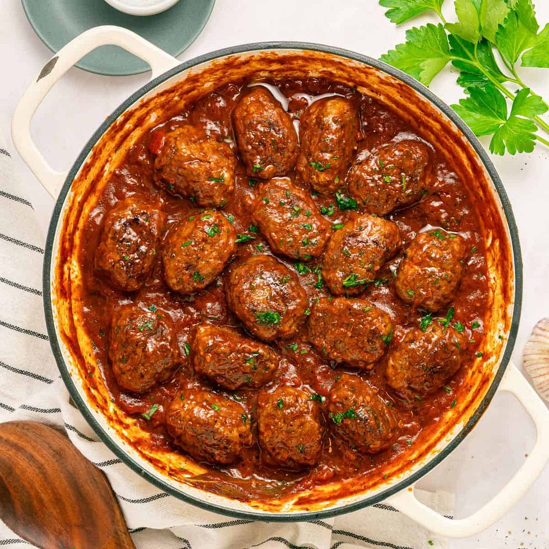 Greek Beef Meatballs in Tomato Sauce (Soutzoukakia)