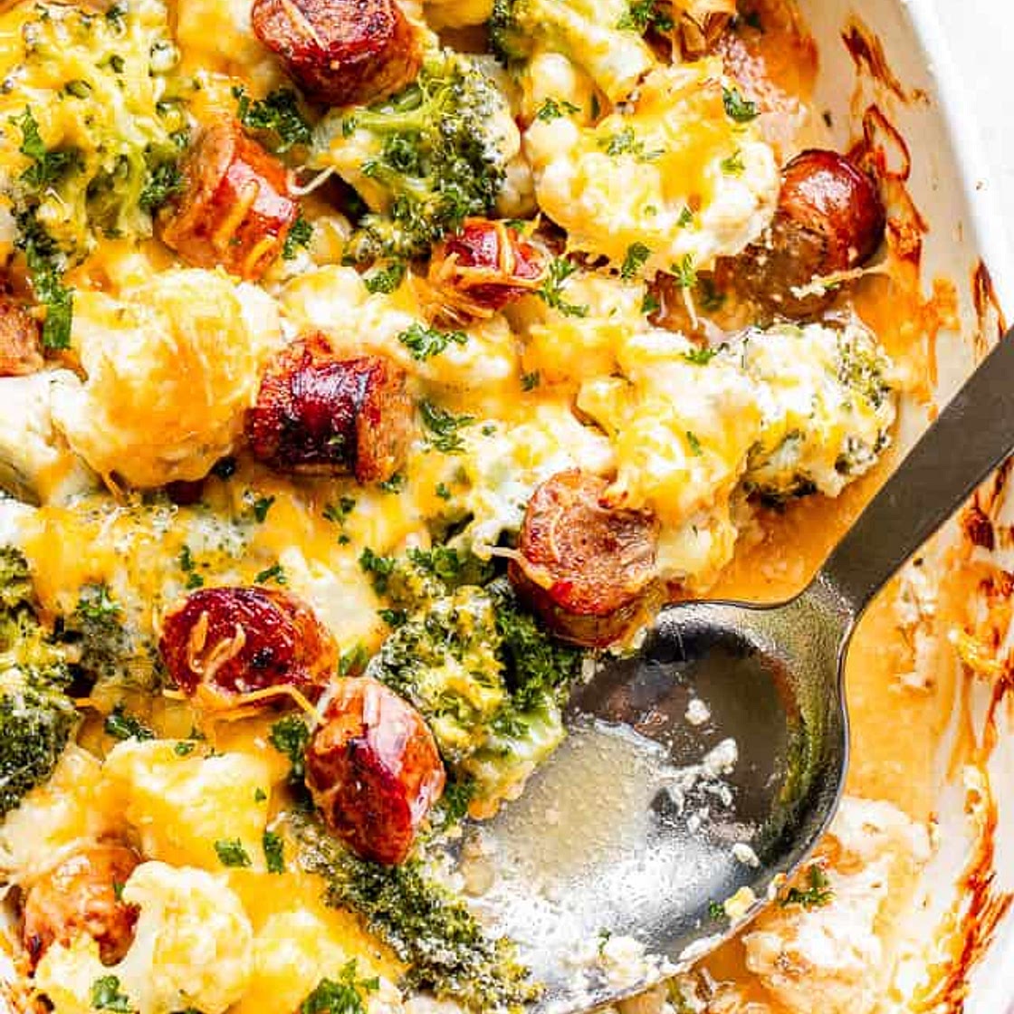 Cheesy Broccoli, Sausage, and Cauliflower Casserole