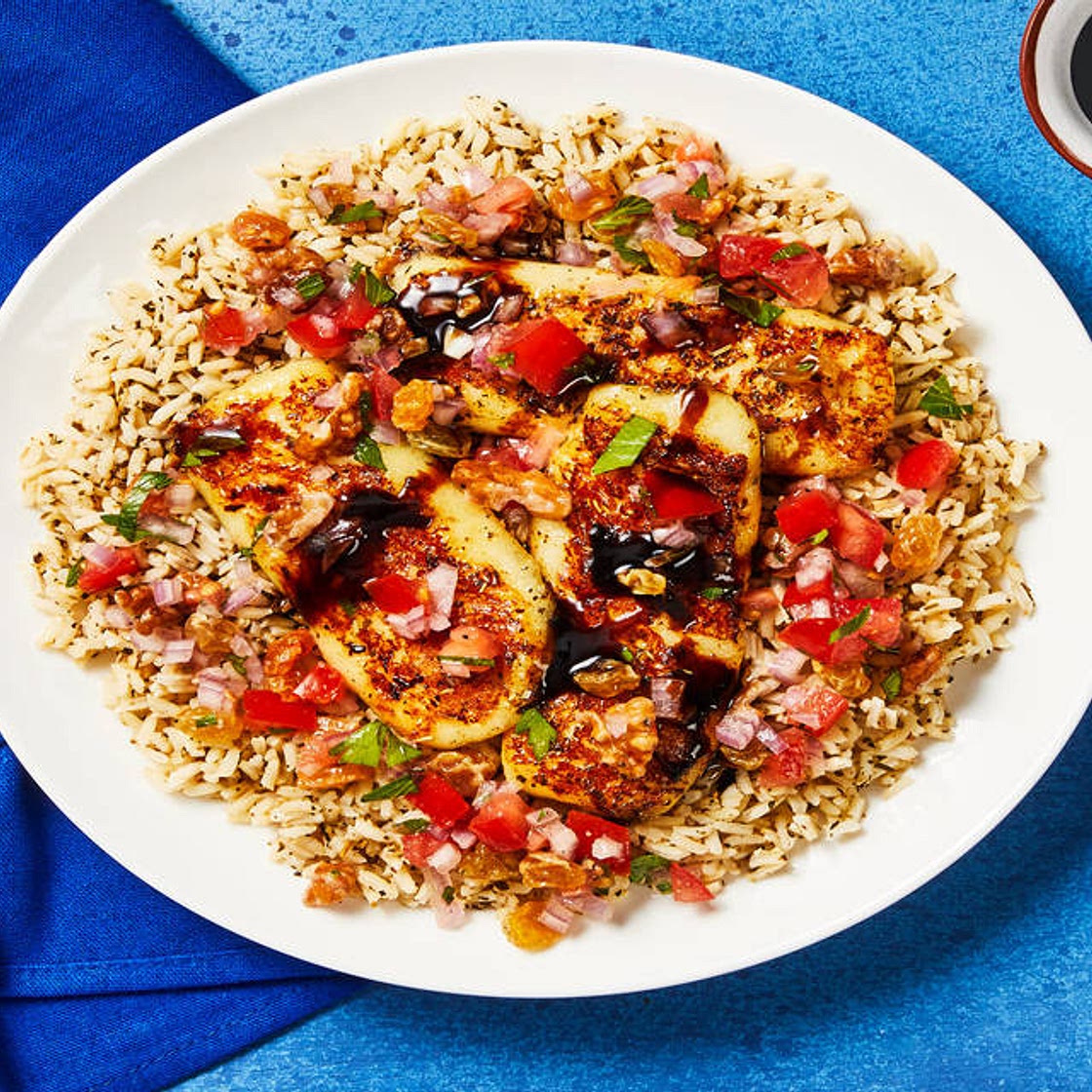 Spicy Balsamic-Glazed Grilling Cheese over Rice with Tomato-Walnut Relish