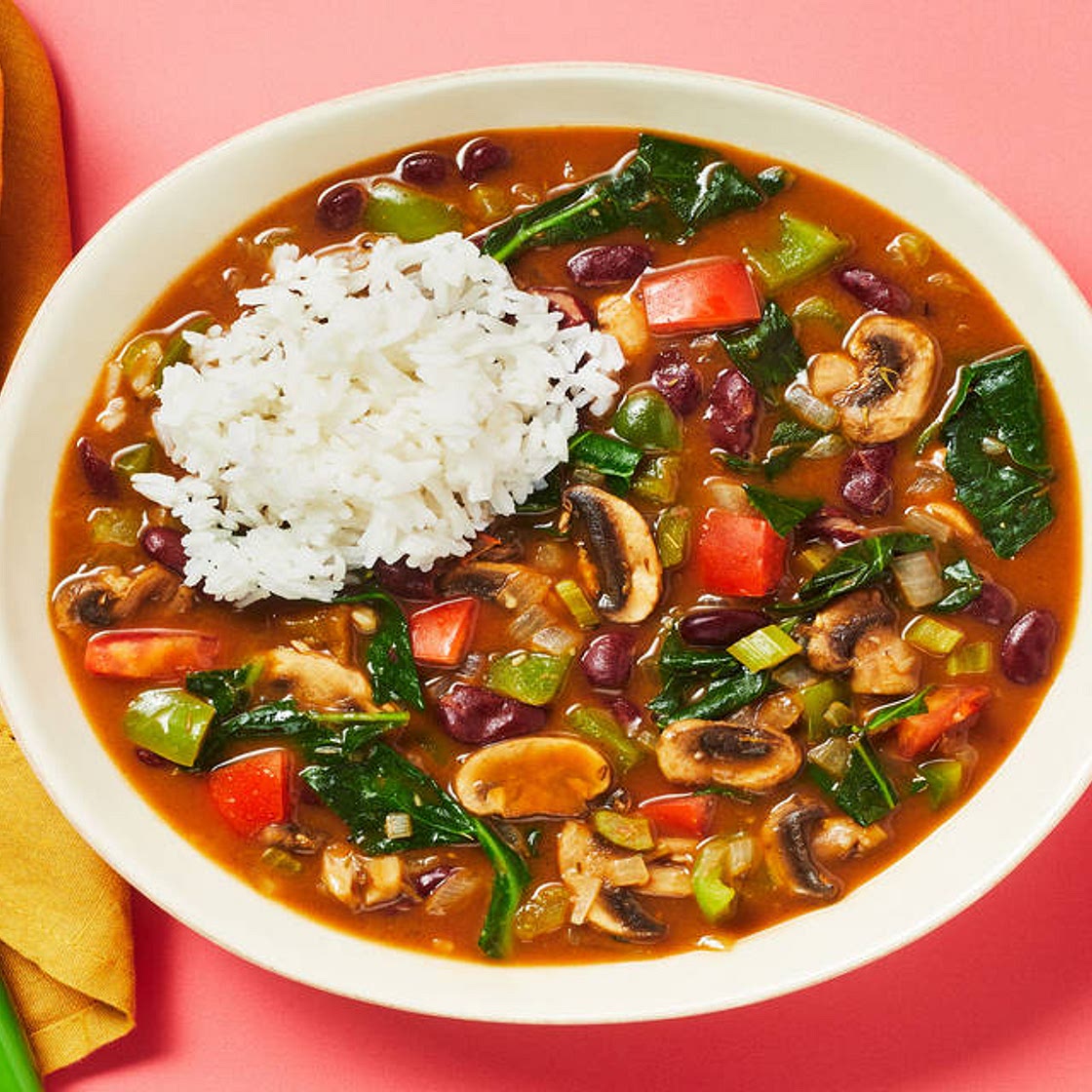 Collard Green & Kidney Bean Gumbo with Mushrooms and Jasmine Rice