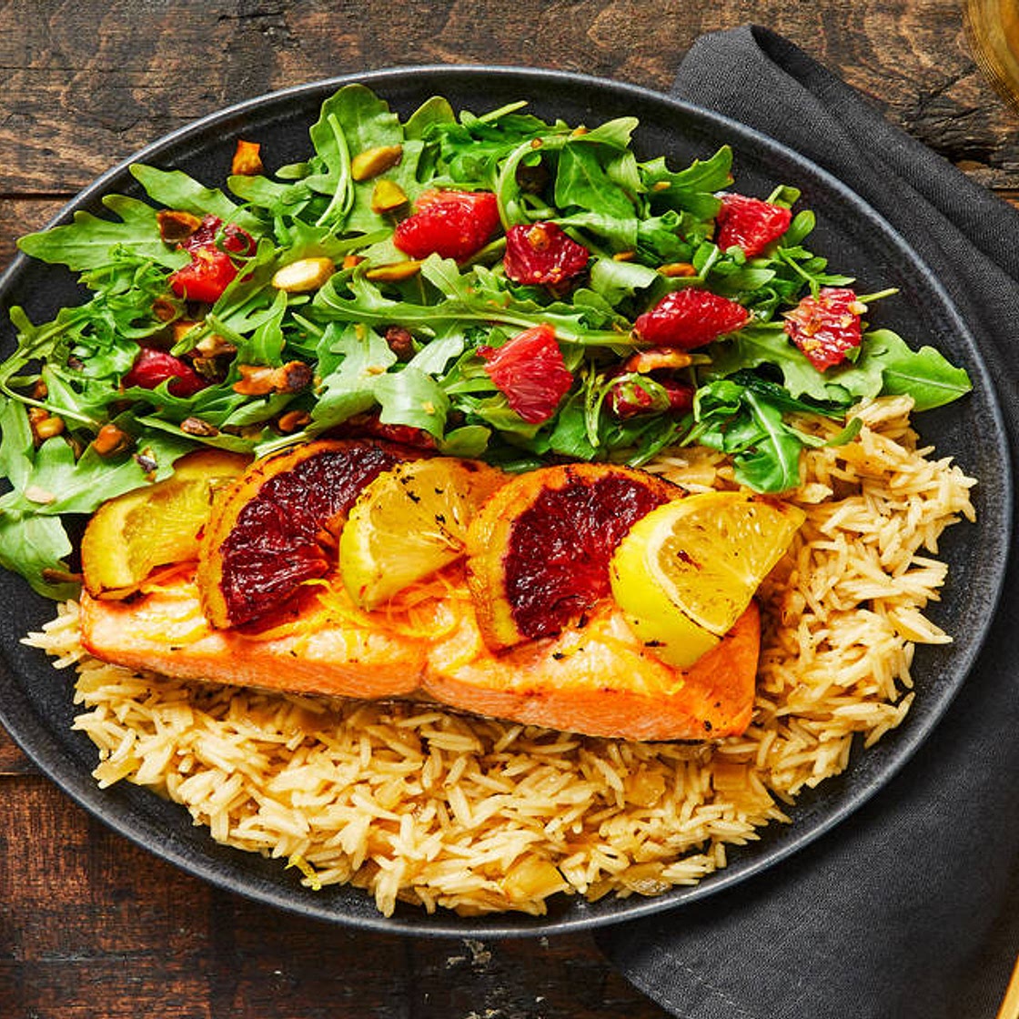 Slow-Roasted Citrus Trout with Chive Crème Fraîche, Rice Pilaf & Blood Orange Pistachio Salad