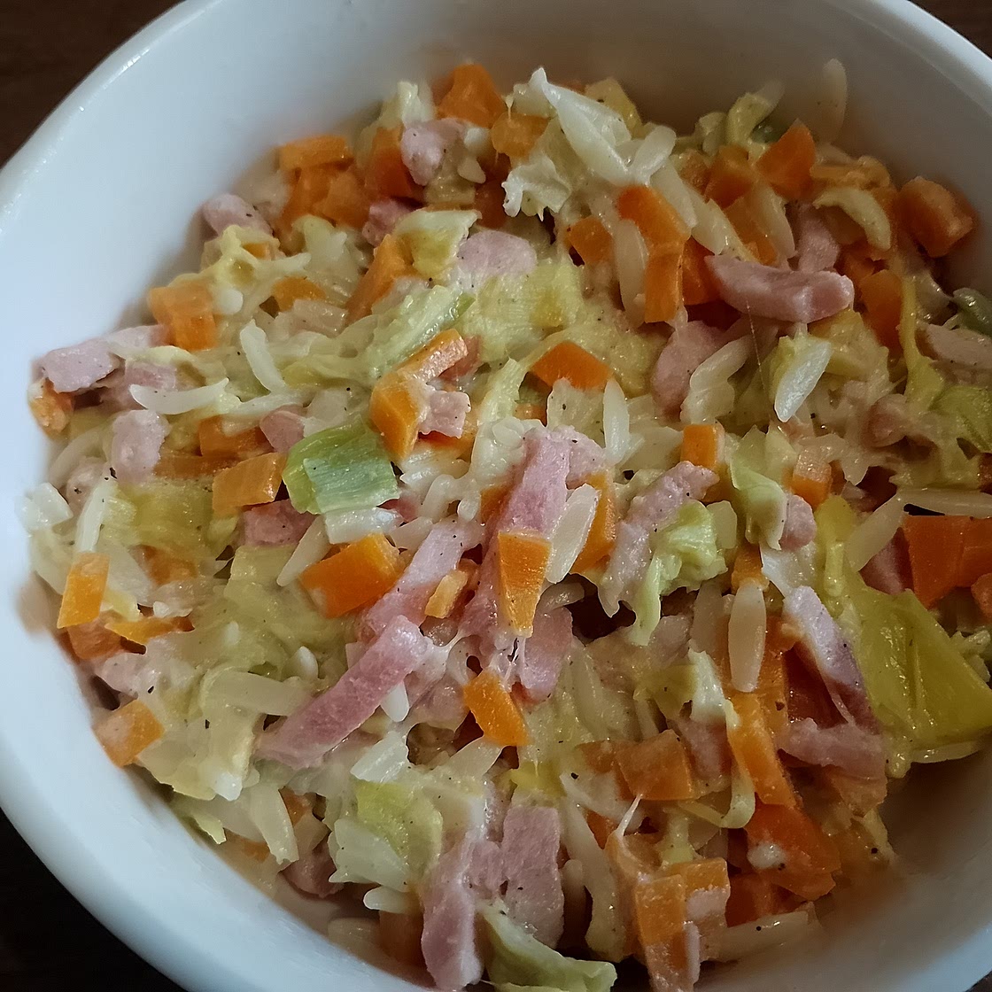 Orzo au carottes, poireaux et jambon