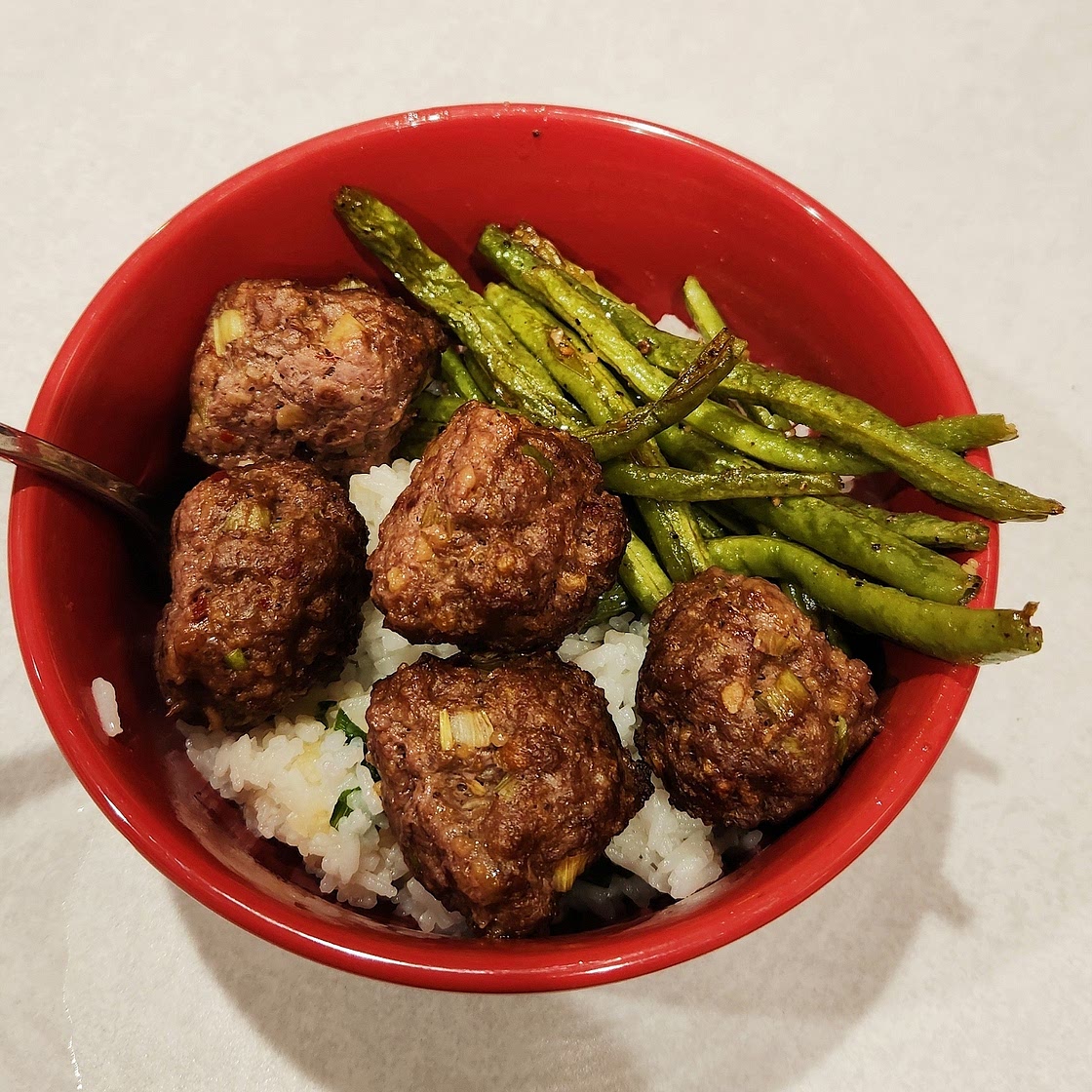 Firecracker Meatballs with Roasted Green Beans and Jasmine Rice