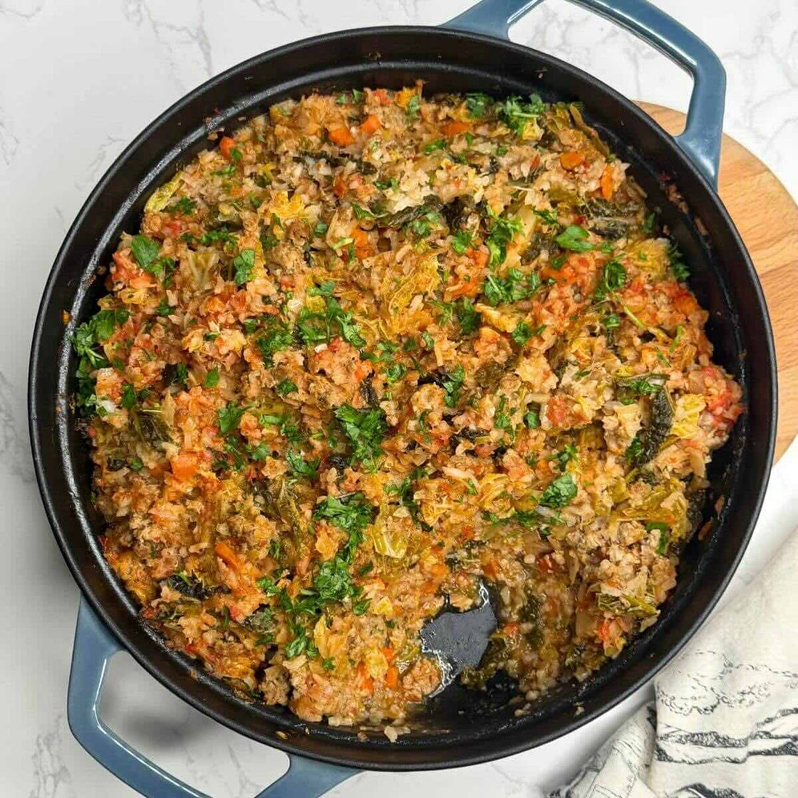 Lazy Cabbage Roll Casserole (with Ground Beef and Rice)