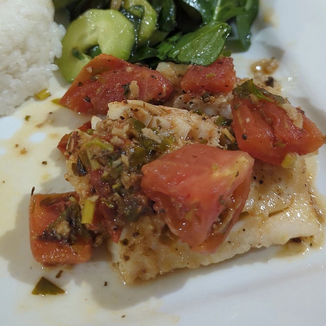 Pan-Seared Cod in White Wine Tomato Basil Sauce