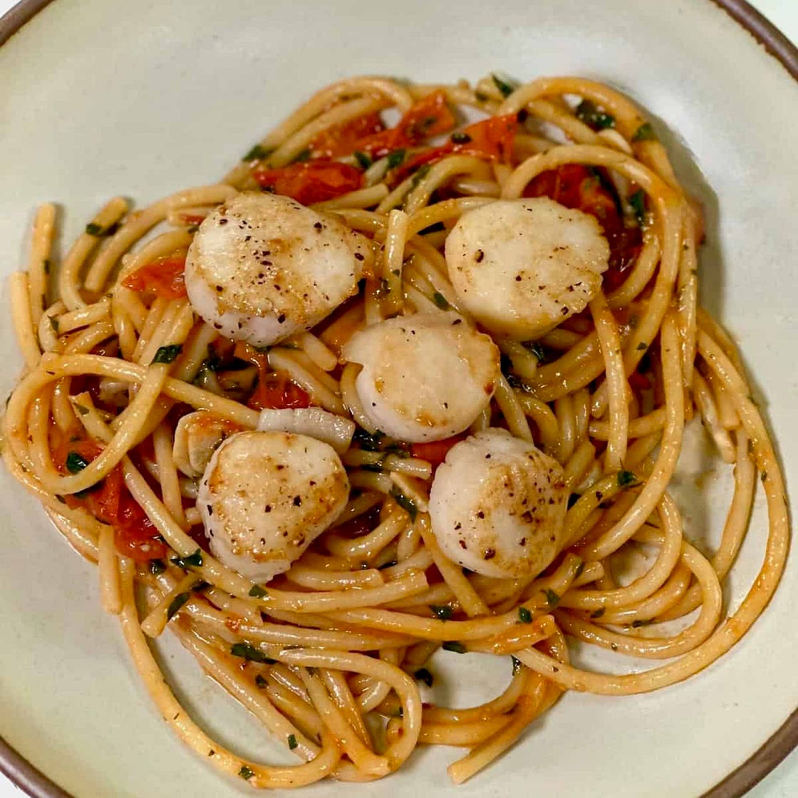 Burst Tomato Pasta with Seared Scallops