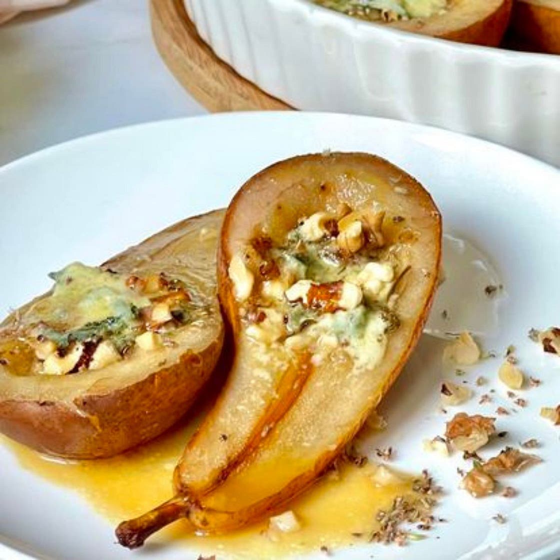 Baked Pears with Gorgonzola, Walnuts and Honey