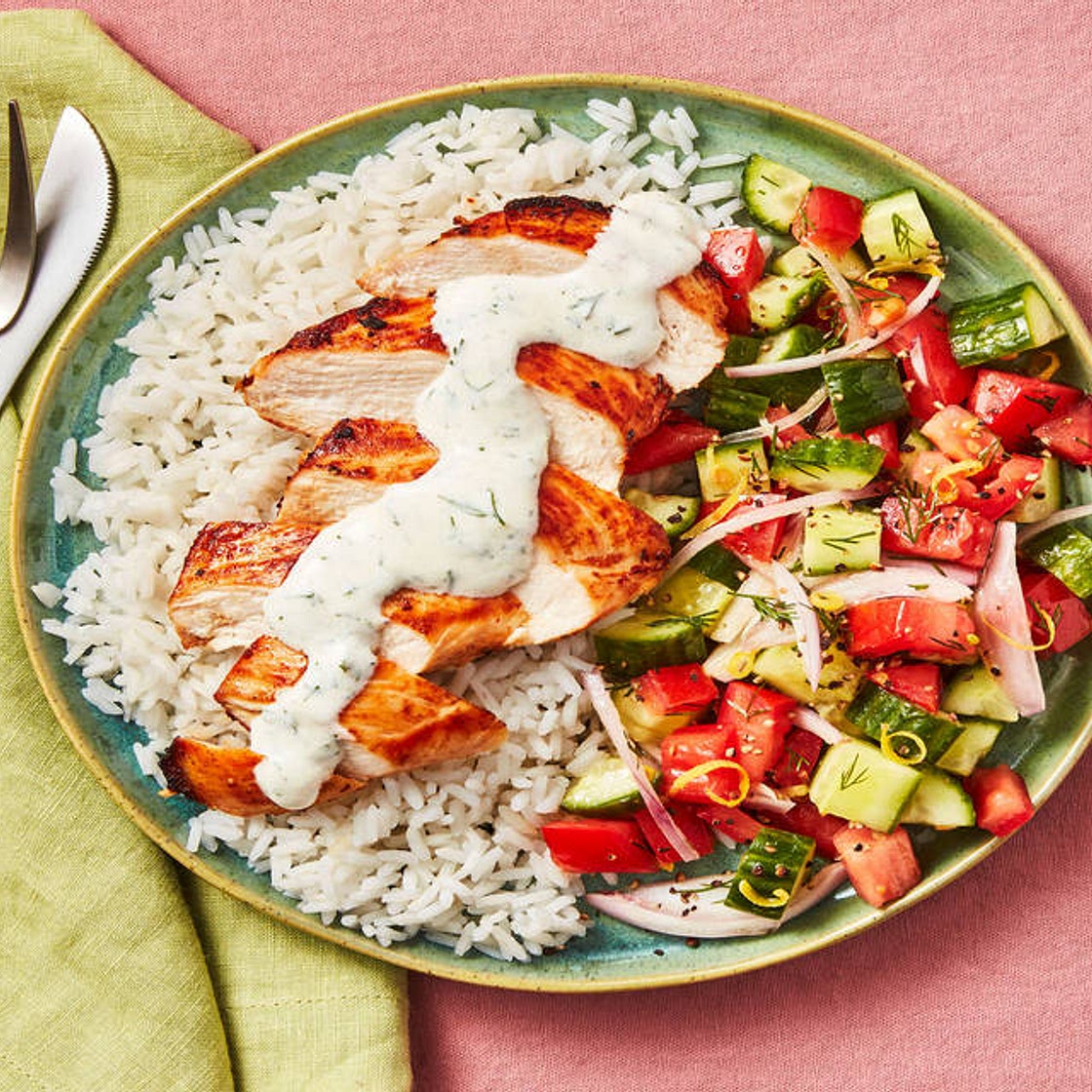 Shawarma-Spiced Chicken with Persian Salad, Rice & Creamy Dill Sauce