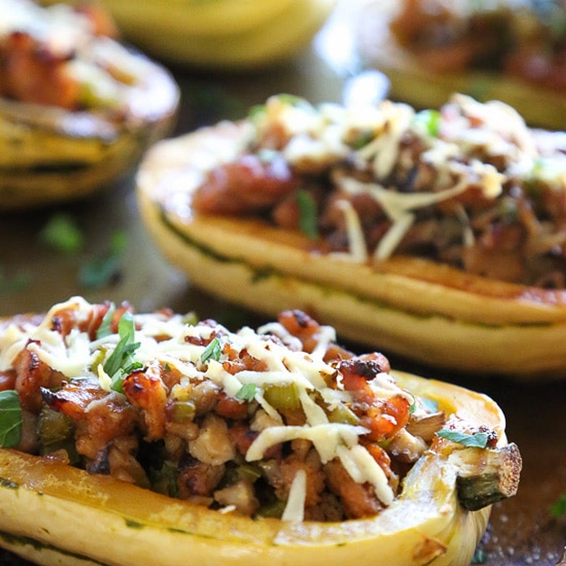 Stuffed Delicata Squash with Chicken Sausage-Mushroom Stuffing