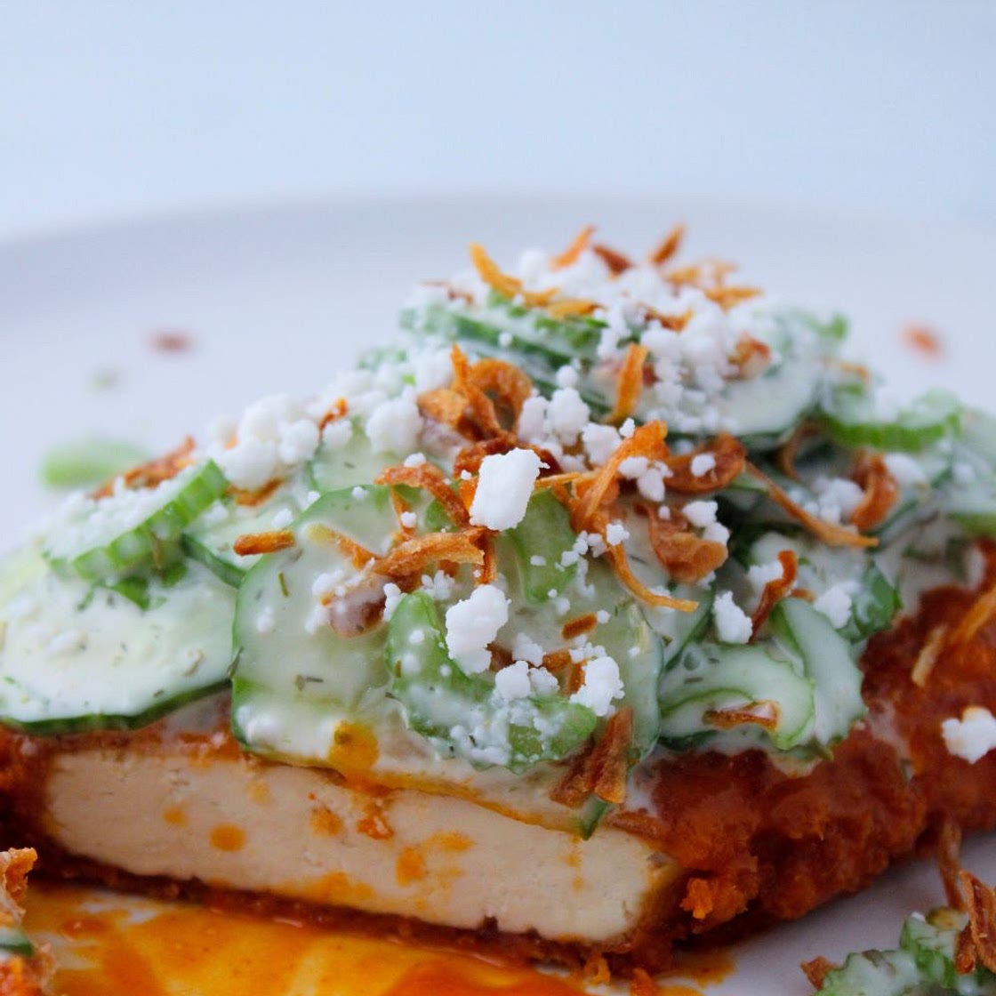 Crispy Buffalo Tofu Cutlets with Creamy Cucumber Celery Salad