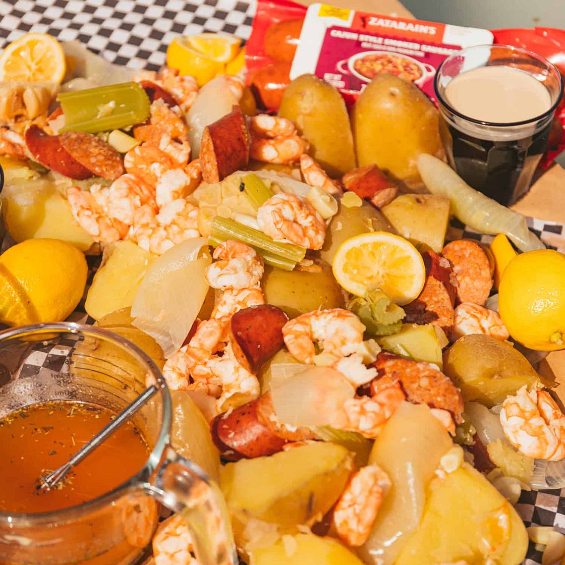 Stovetop Zatarain’s Shrimp Boil with Cajun Style Smoked Sausage & Garlic Butter Sauce
