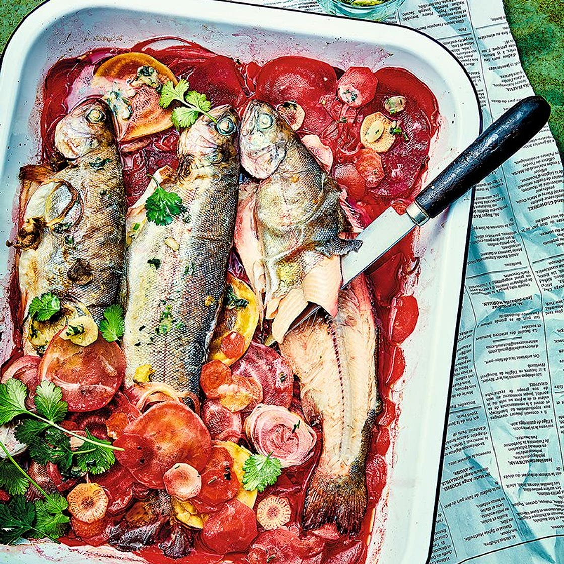 Truite au four, méli-mélo de légumes