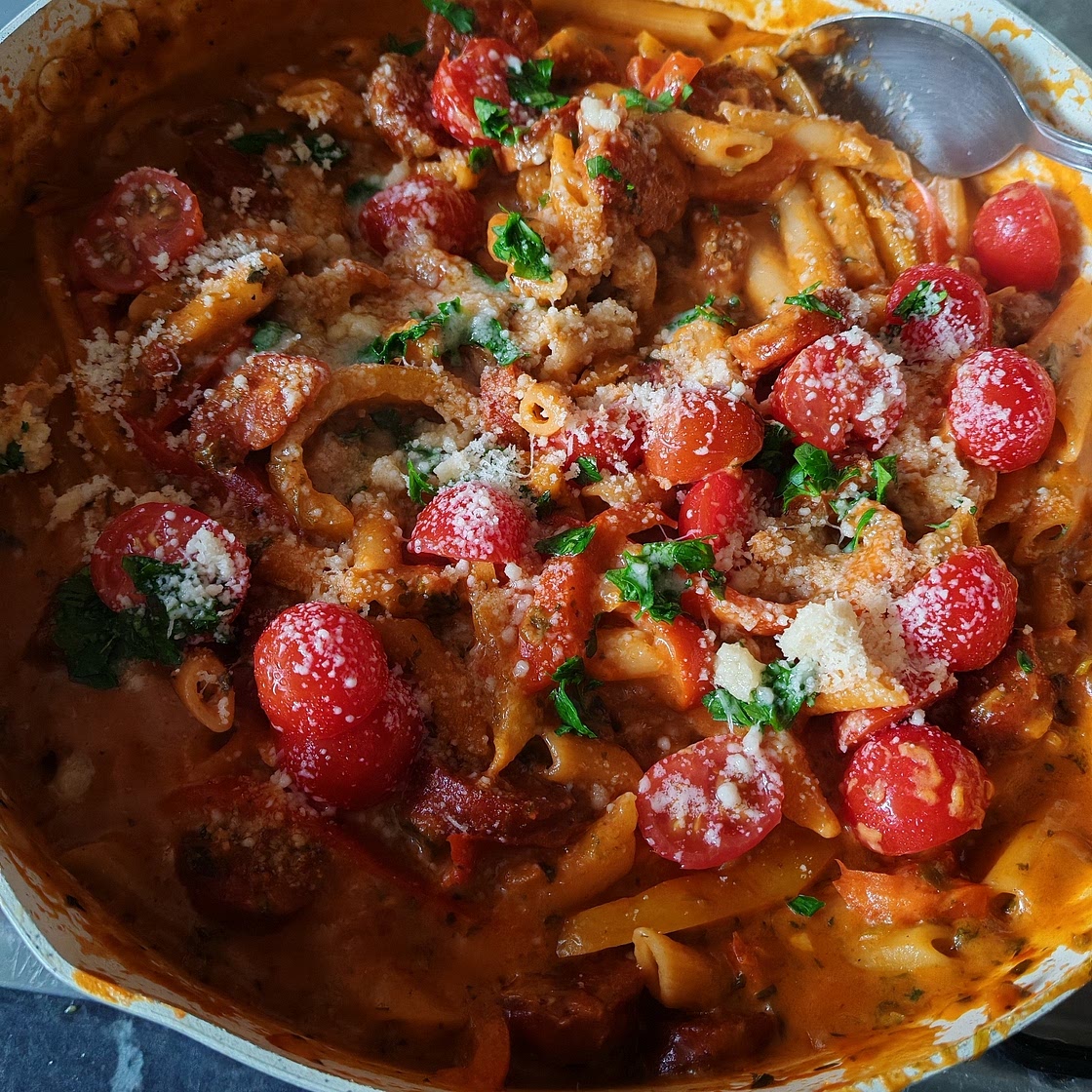 One Pot Creamy Tomato and Chorizo Rigatoni