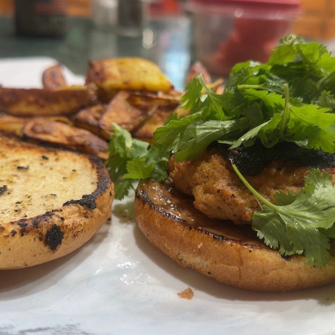 Lemongrass Chicken Burgers w/Hoisin Mayo & Potato Wedges