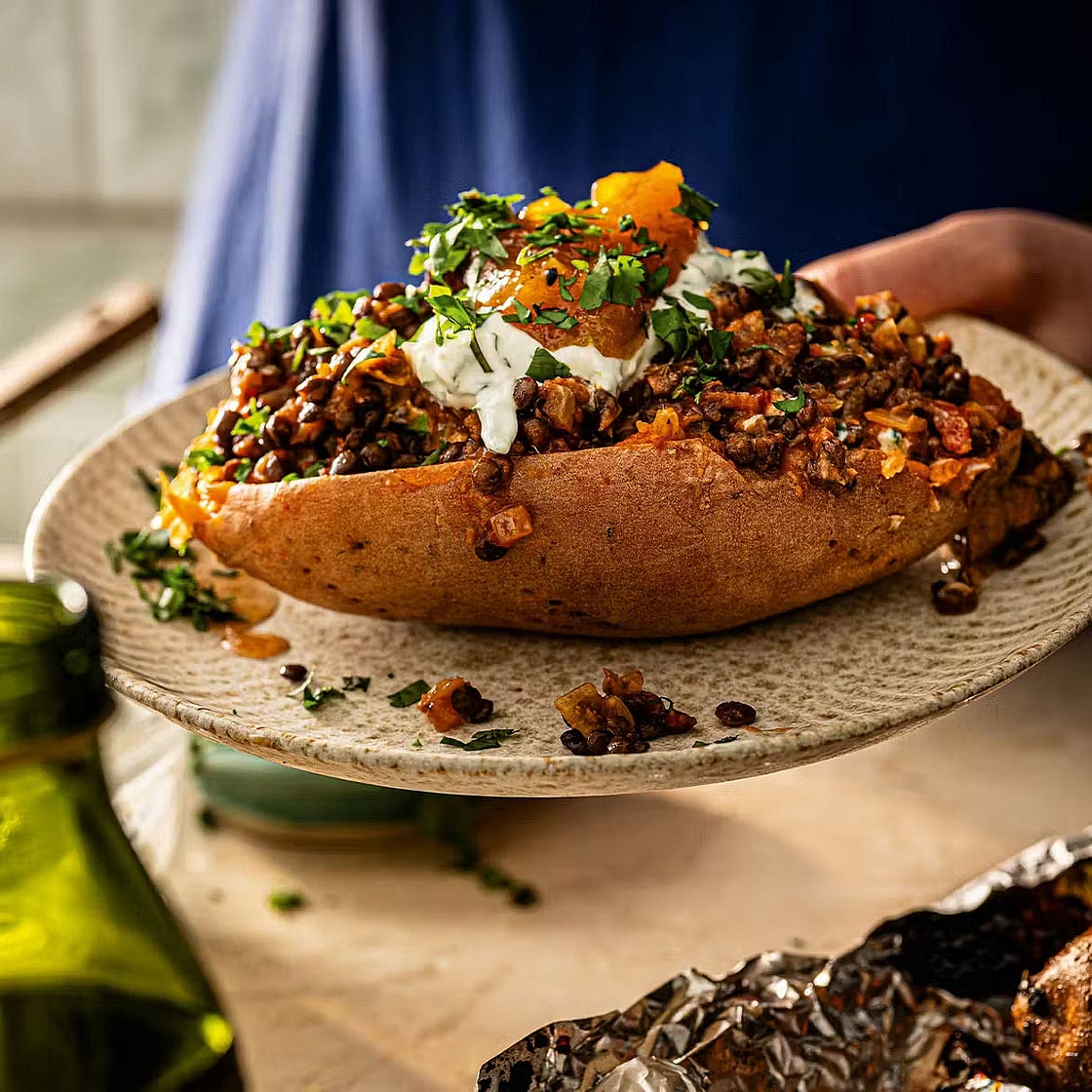 Spicy lentil jackets with cucumber yogurt & mango chutney