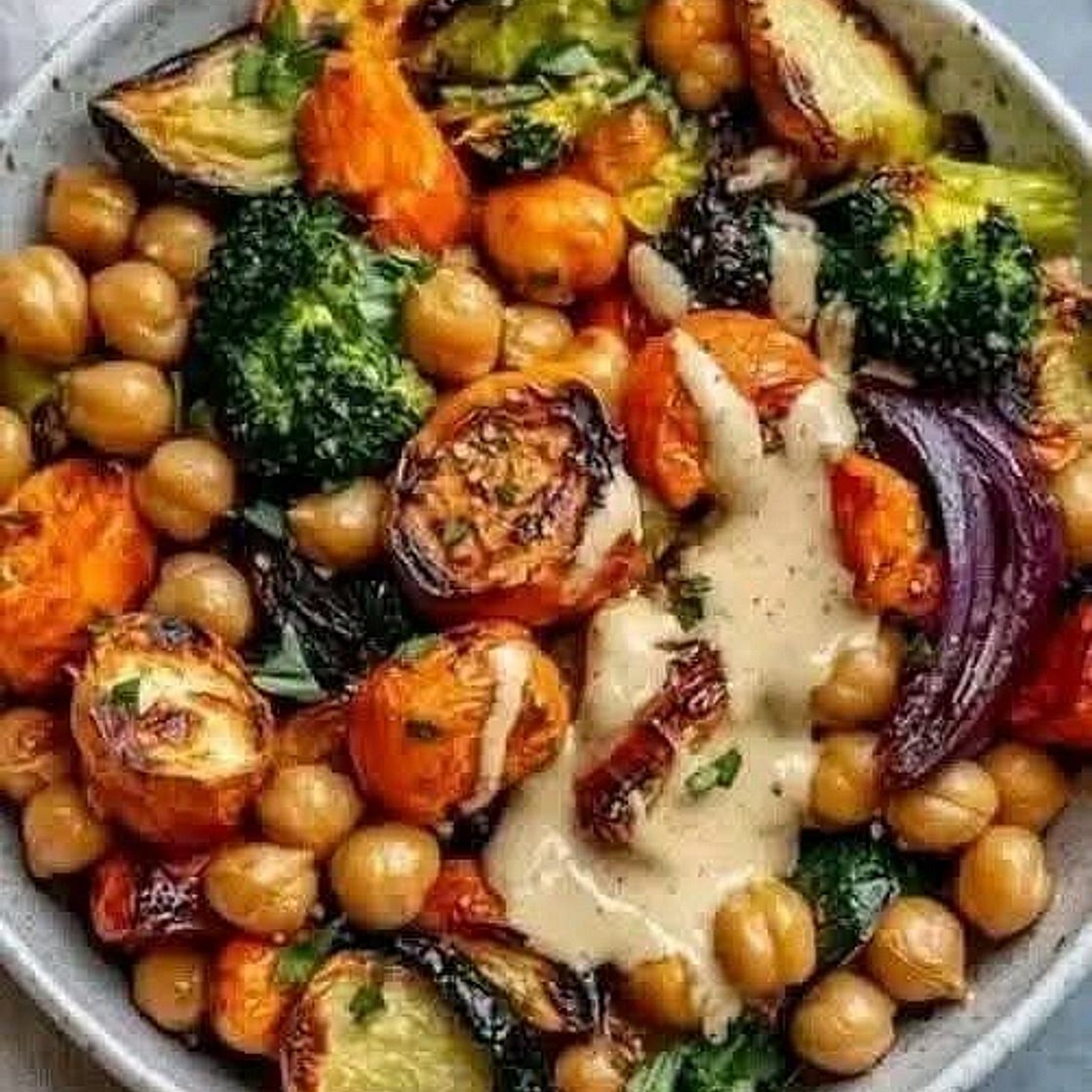 Roasted Chickpeas and veggies with tahini sauce