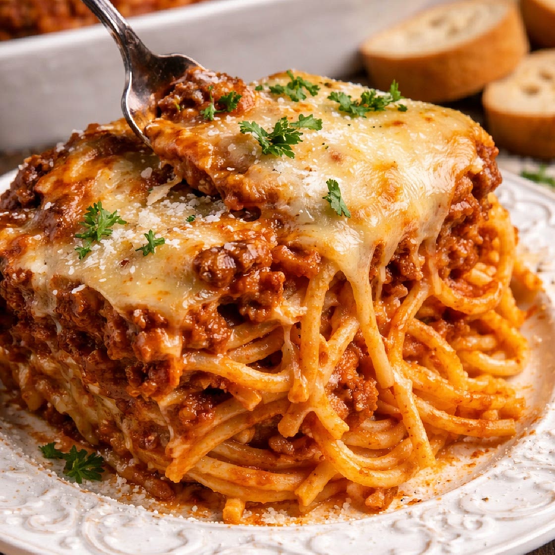 Cheesy Beefy Baked Spaghetti
