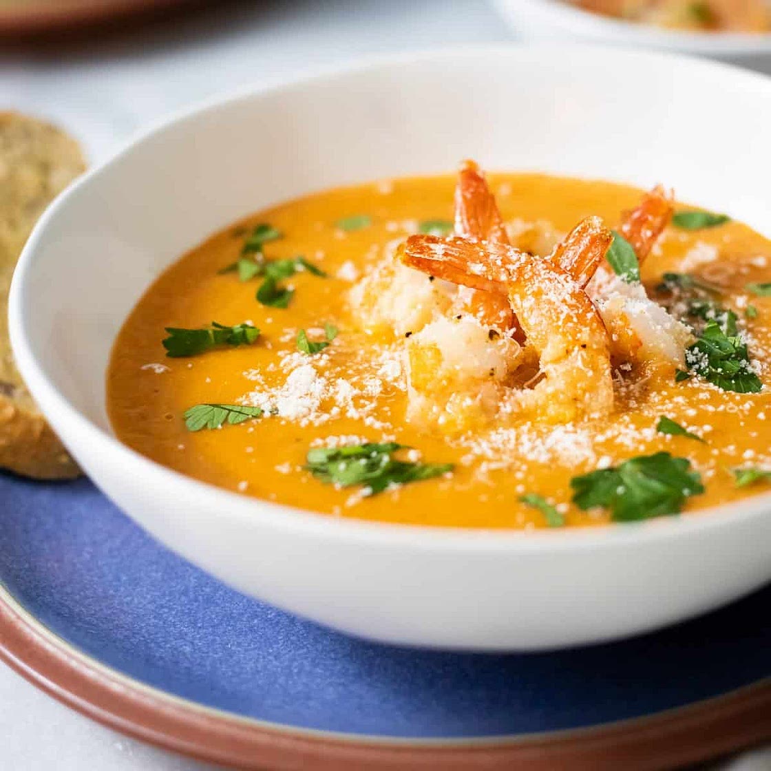 Roasted Tomato and Fennel Soup with Garlic-Parmesan Shrimp