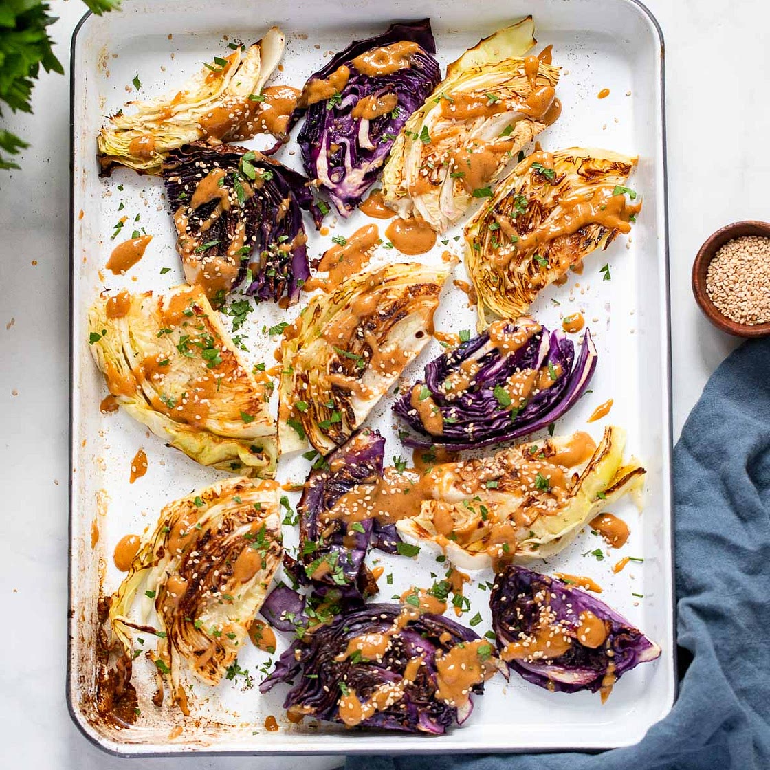 Oven Roasted Cabbage with Tahini Miso Sauce