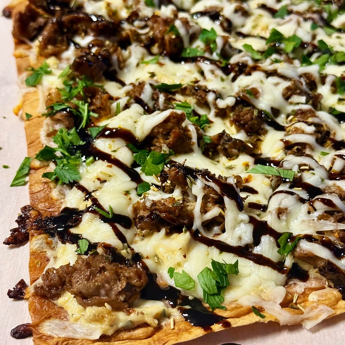 Roasted Garlic Balsamic Steak Flatbreads