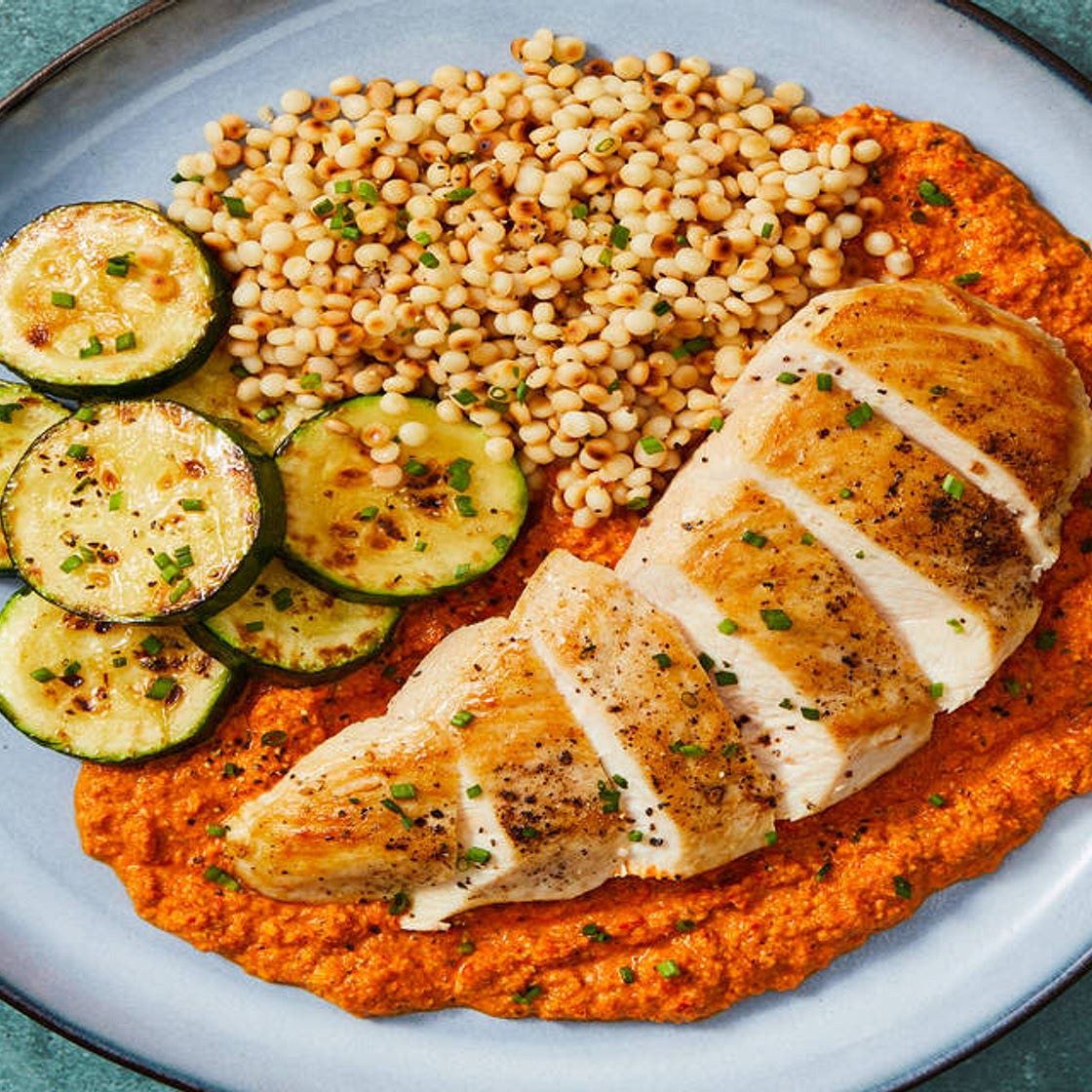 Chicken with Smoky Romesco Sauce plus Couscous & Roasted Zucchini