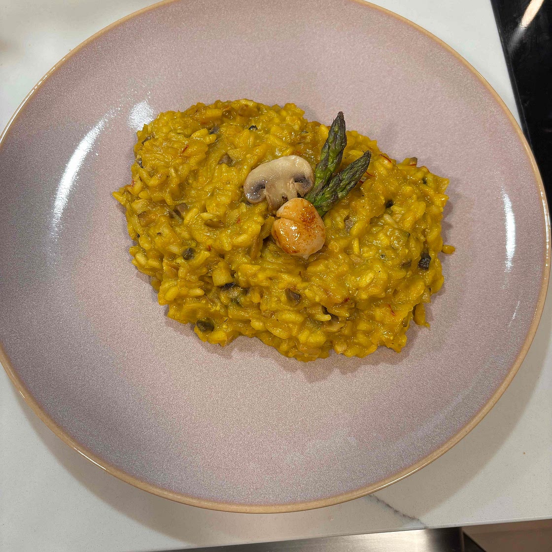 Risotto - Asparagus and saffron cream, mushrooms, and scallops