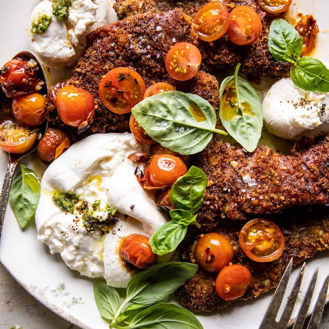 Pesto Chicken Saltimbocca with Burst Tomatoes and Burrata