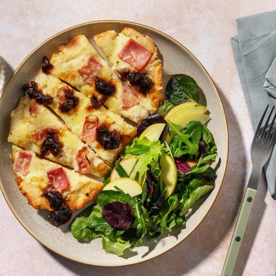 Croque Monsieur Inspired Ham and Cheese Naanizza