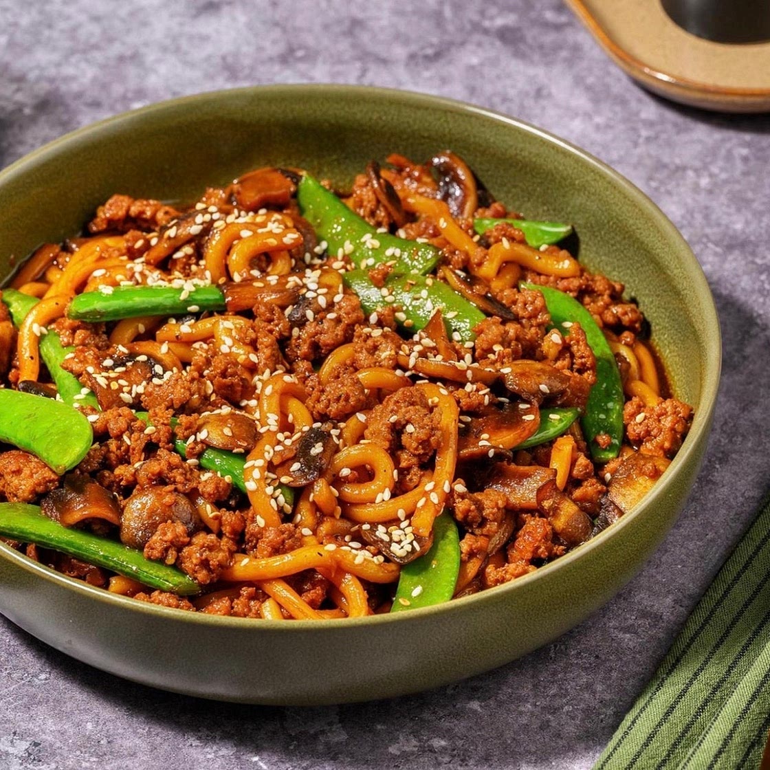 One Pan Sesame-Ginger Miso Beef Udon