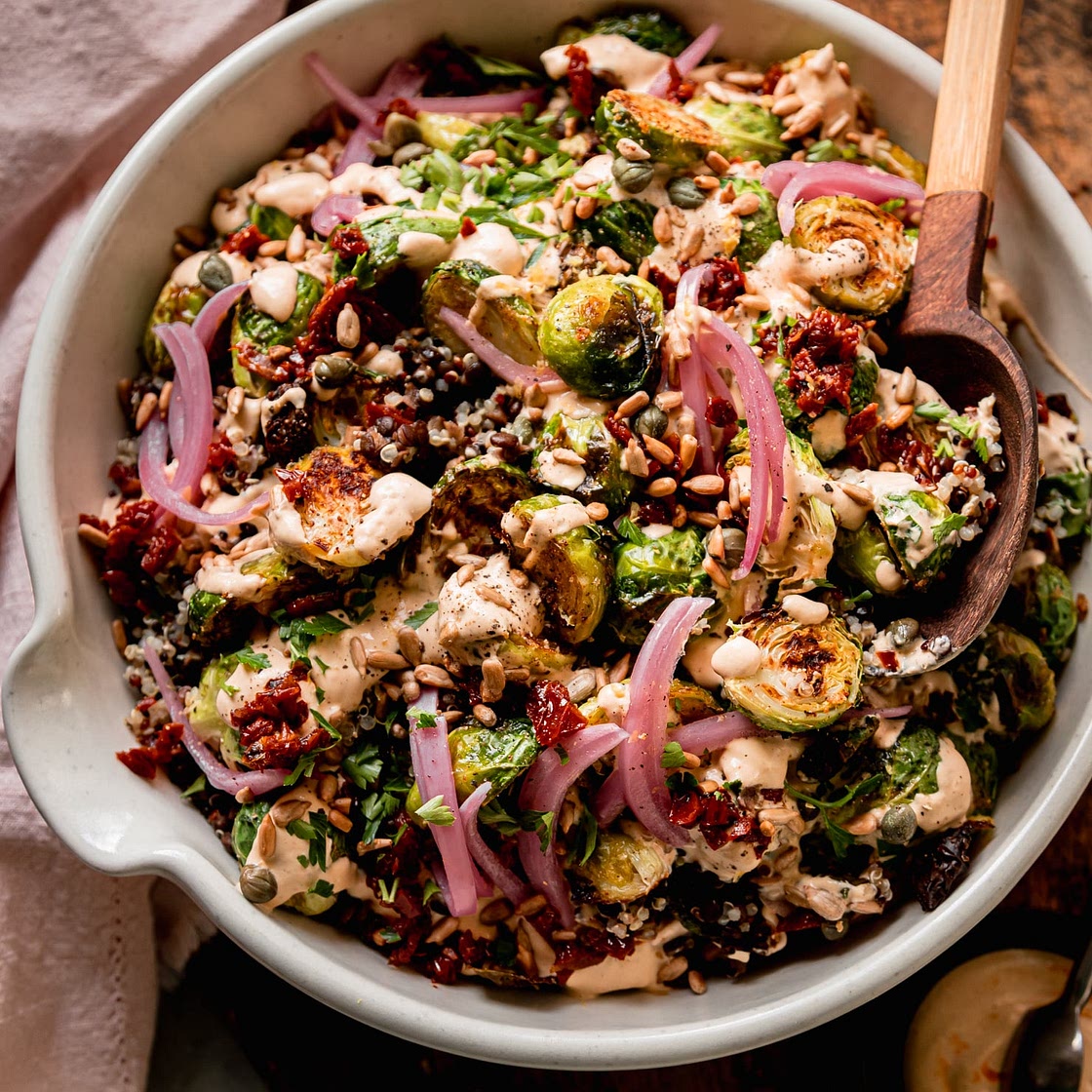 Roasted Brussels Sprouts, Quinoa & Lentil Salad with Spicy Caesar Dressing
