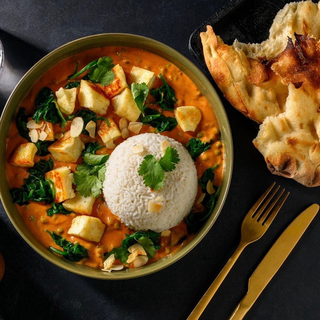 Ultimate Matar Saag Paneer and Garlic Naan