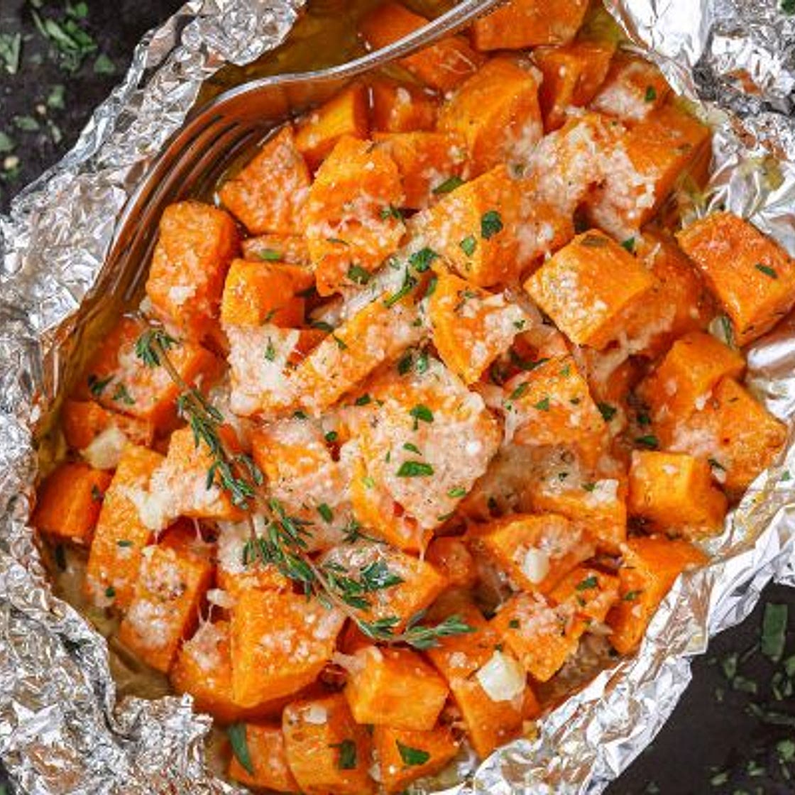 Roasted Brussels Sprouts and Sweet Potato with Balsamic Honey Glaze