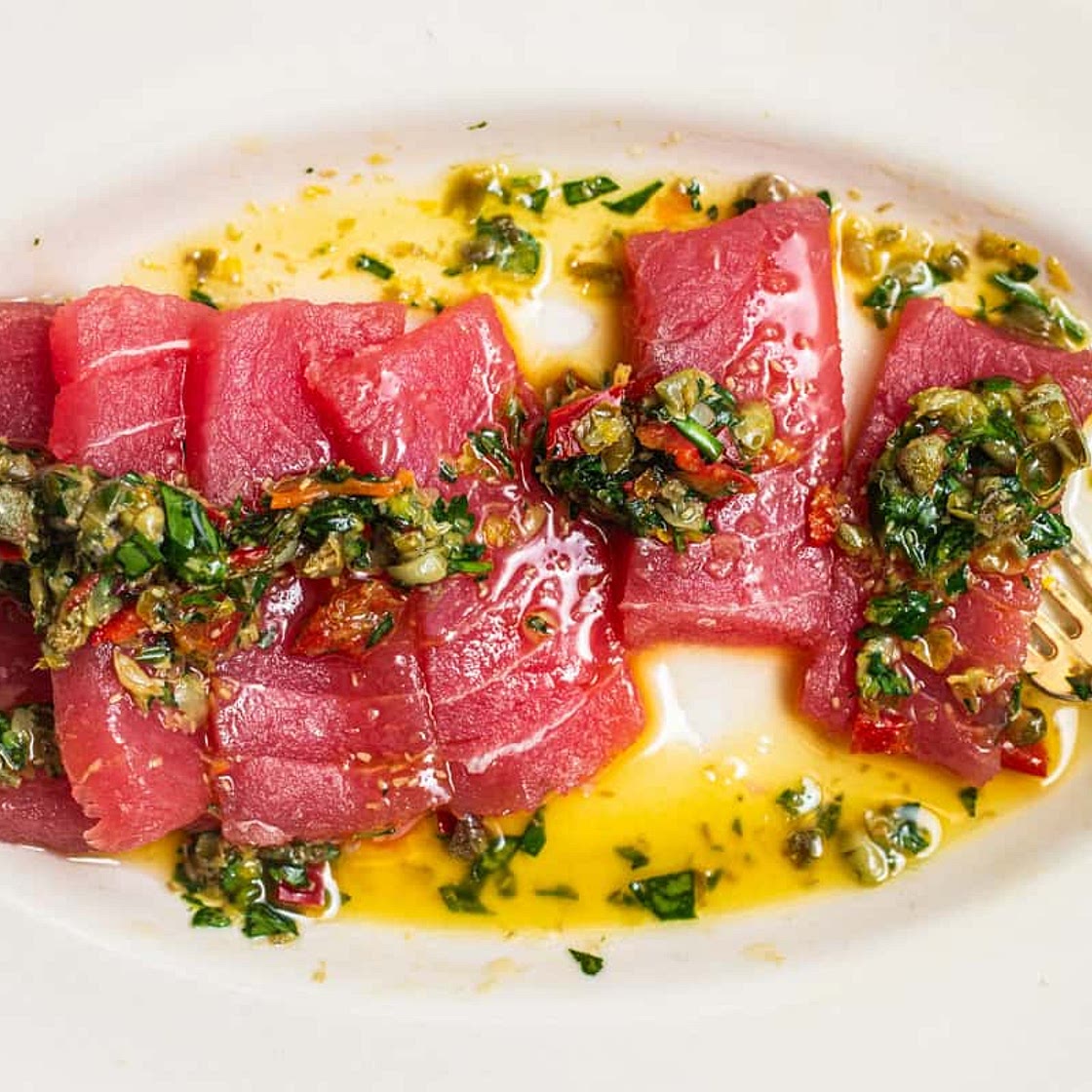 Tuna Crudo with Lemon Caper Sauce