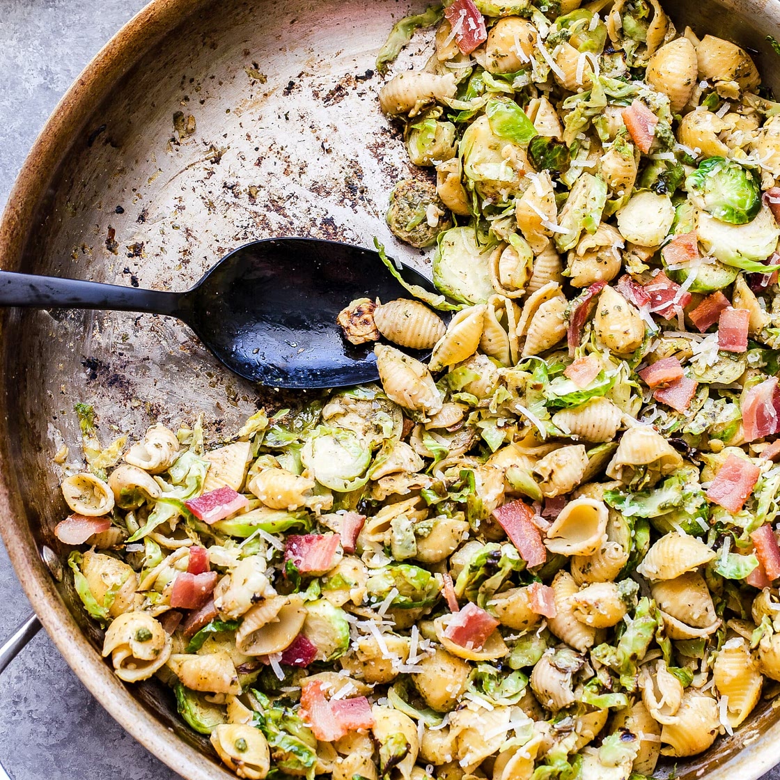 Brussels Sprouts and Bacon Pesto Pasta