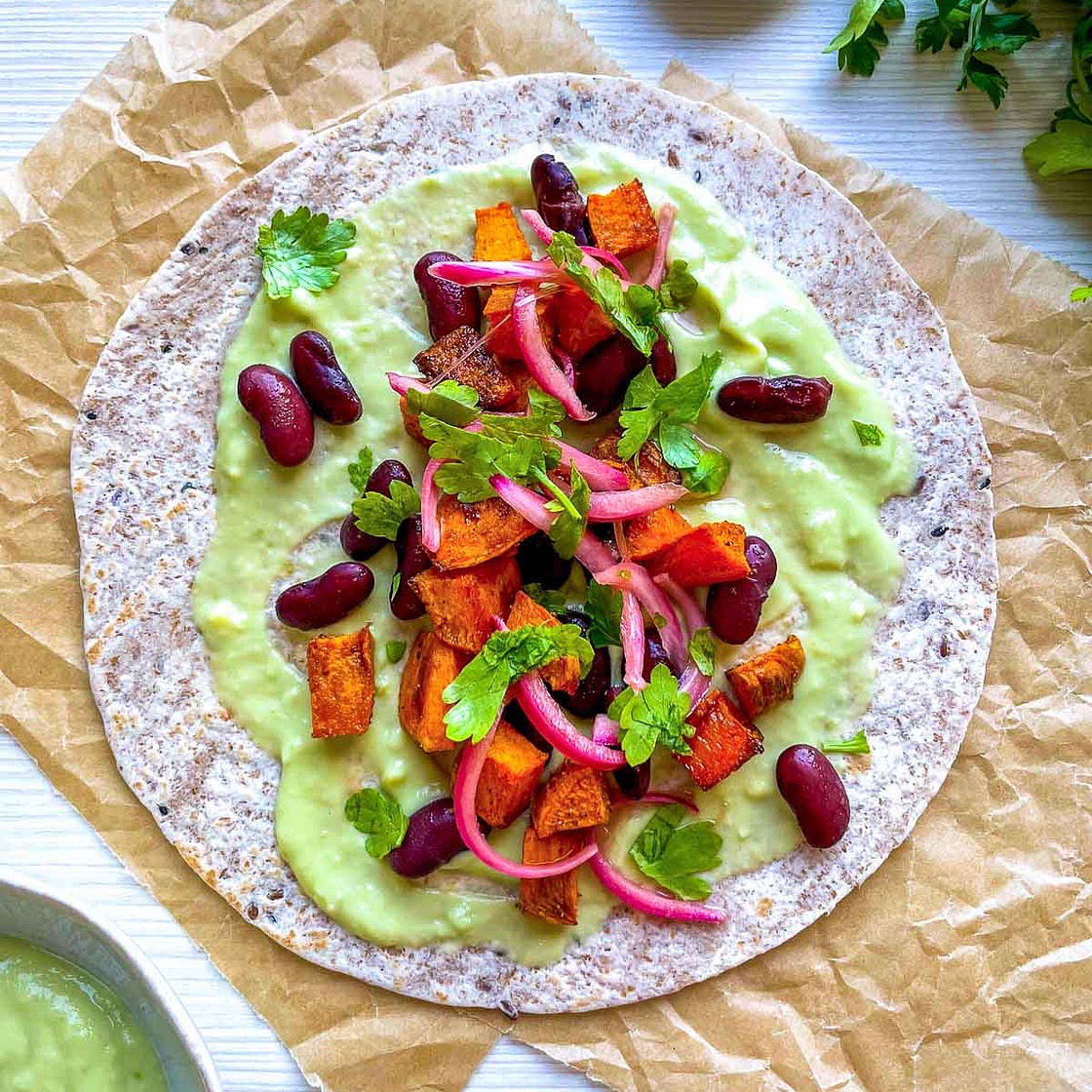 Open Face Red Bean Sweet Potato Tacos